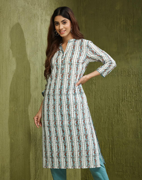 Women Kurta Set White-Turquoise